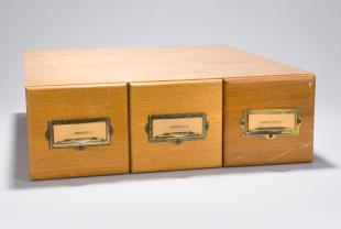 lantern slides on acoustics and nuclear physics in three-drawer wooden cabinet