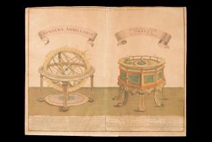 colored engraving of armillary sphere and orrery