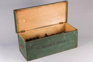 Green wooden storage box containing meters and one multiplier for Weston Model 2