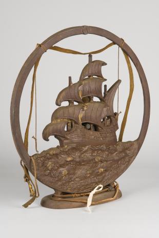 Tower paper cone loudspeaker with cast iron grill showing a galleon ship