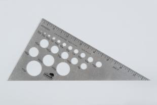 right triangle, metal, with inch ruler and circular templates